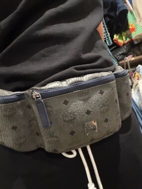 MCM Men's Olive Grey Monogram Leather Belt Bag